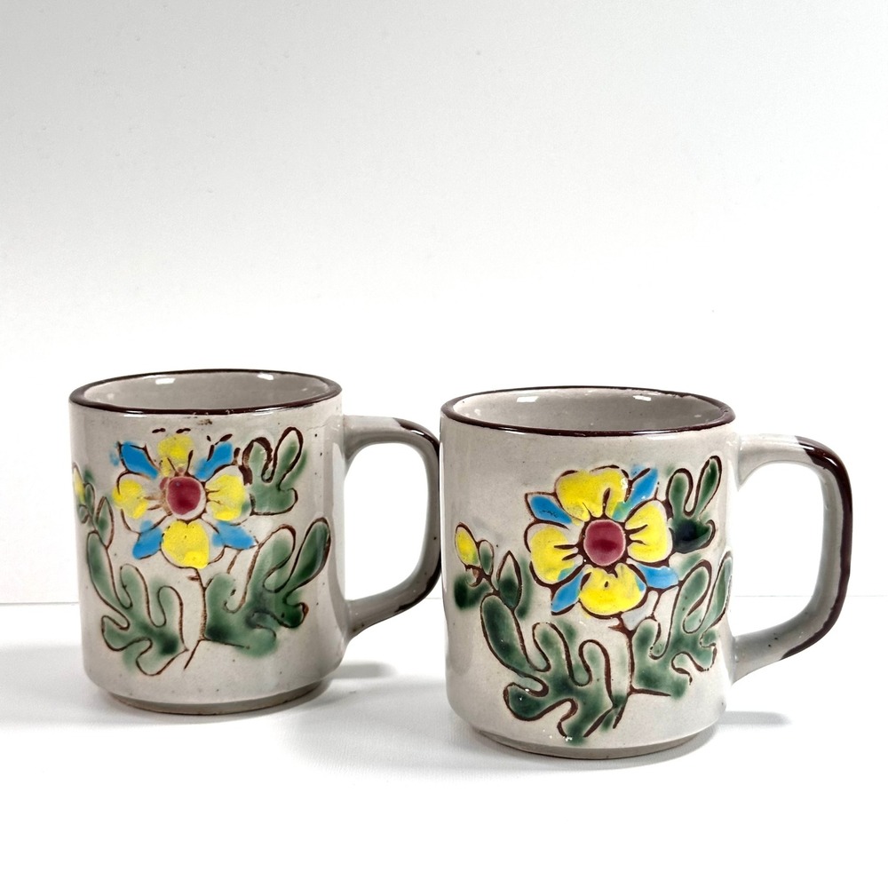 Vintage Otagiri Hand Painted Floral Mugs Set of 2 Gray Boho Stoneware Cup